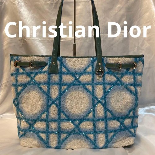 Christian Dior Cannage Tote Sequins Blue White Women's Used From Japan