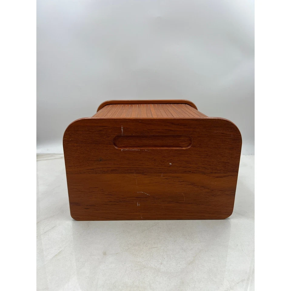 Caja de almacenamiento de pandereta de madera de teca de colección con 2 compartimentos moderna de mediados de siglo Foto 2 de 4
