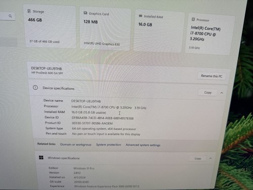 HP ProDesk 600G4 i7-8700@3.2ghz 16GB 500GB SSD Windows 11 Pro - Picture 2 of 6