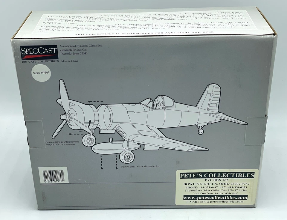 1/48 SpecCast Vought F4U-1 USMC Corsair Diecast Bank 47504 WWII USS Bunker Hill - Image 2 of 4