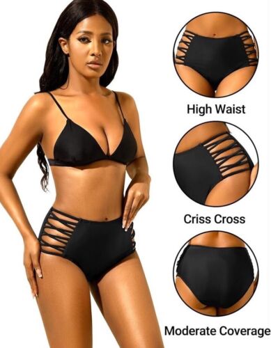 High Waisted Bikini Bottoms Tummy Control SwimBottom Strappy Bathing Suit Bottom