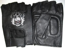 LEATHER BLACK SKULL FLAMES FINGERLESS GLOVES