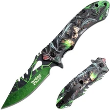 8.5" DARK FANTASY BLADES SKULL PRINTED SPRING ASSISTED FOLDING KNIFE GREEN