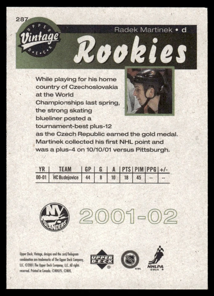 2001 Upper Deck Vintage #287 Radek Martinek - New York Islanders - Rookie - Image 2 of 2