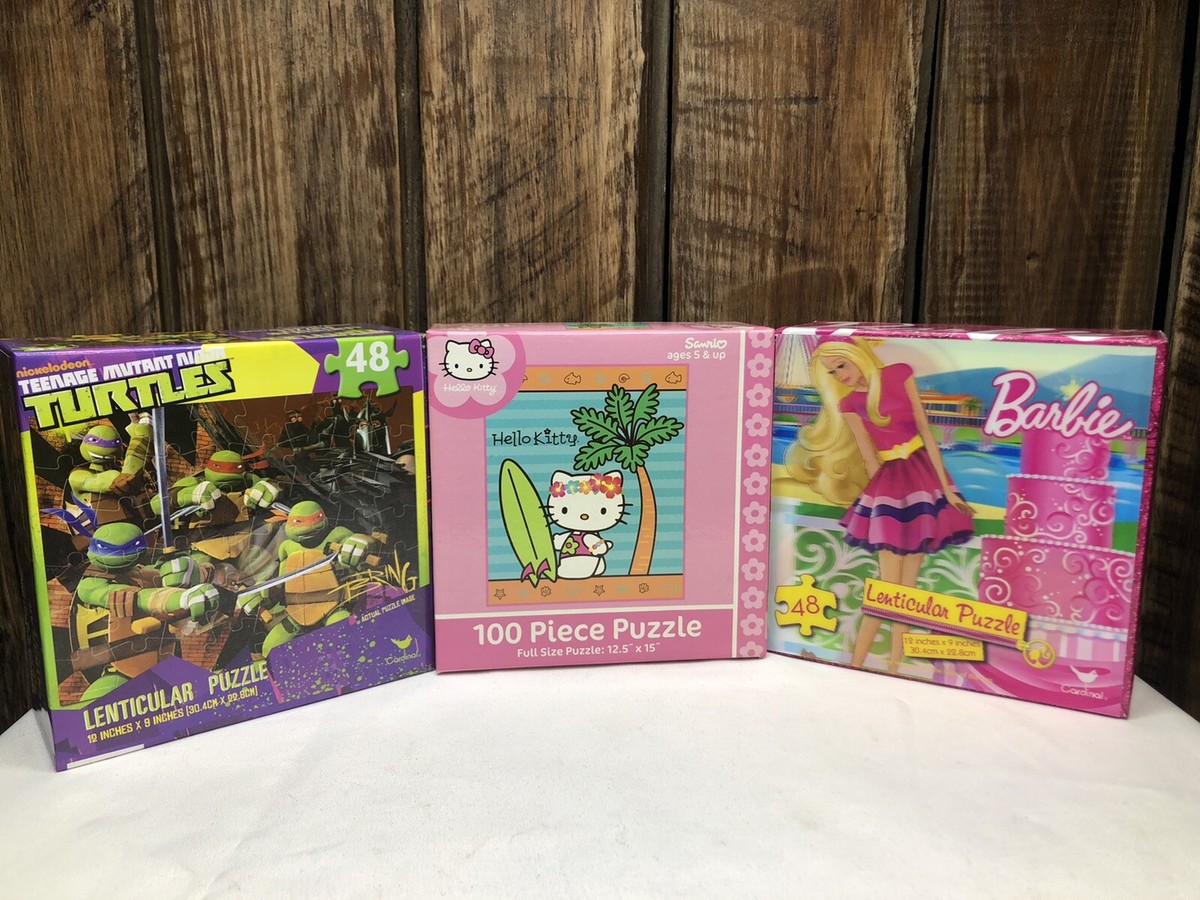 Lot Of 3 Puzzles -Barbie , Hello Kitty And Teenage Mutant Ninja