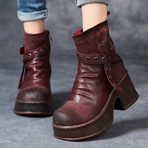 Dicke Sohle Stiefeletten Damen Echtleder Hoch Plateau Schnalle Boots Warm Neu - Bild 2 von 7