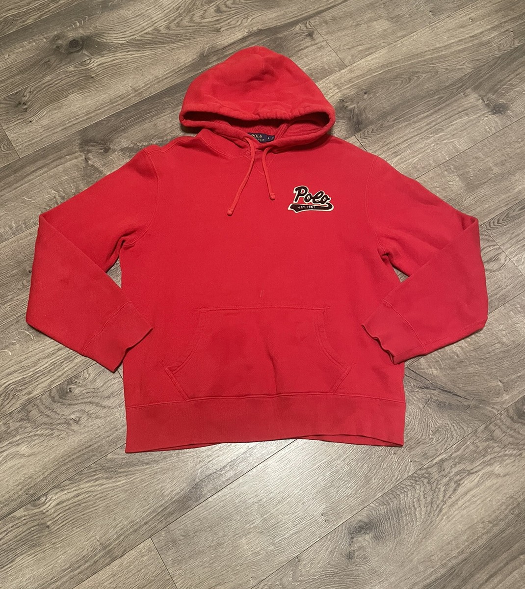 Polo Ralph Lauren Red Varsity Script Spellout Patch P-Wing Hoodie  Sweatshirt L