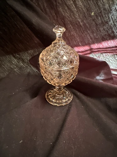 Vtg 5" Mini Pink Depression Glass Diamond Footed Candy Trinket Box Dish 2 Pc.