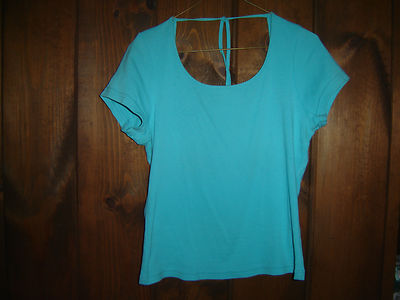 Vintage SELF ESTEEM Aqua Stretch Knit Top Scoop Neck w/ties Cotton t ...