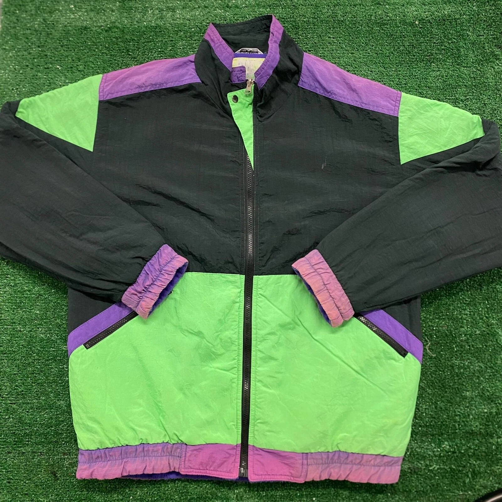 Vintage 1990s Neon Green Color Block Full Zip Fleece Lined Retro Ski Snow Jacket