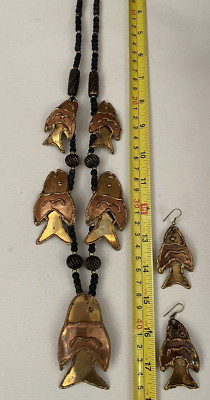 Vintage Artisan Crafted necklace 34'' w  Brass Fish / Wood beads & earring Set