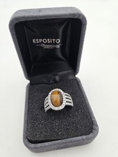 Sterling Silver Tiger's Eye Oval Halo Solitaire Ring 7 Split Shank Espo Design