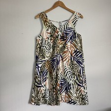 TAHARI 100% Linen Size S Tie Back Sleeveless A-line dress Pockets Leaf Print