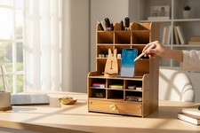 2pcs Wooden Desk Organizer   Pen Holder  Stationery Storage Box  Office Deskto