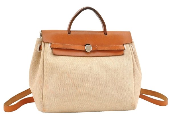Authentic HERMES Her Bag Ado 2Way Backpack Hand Bag Canvas Leather Beige AD205