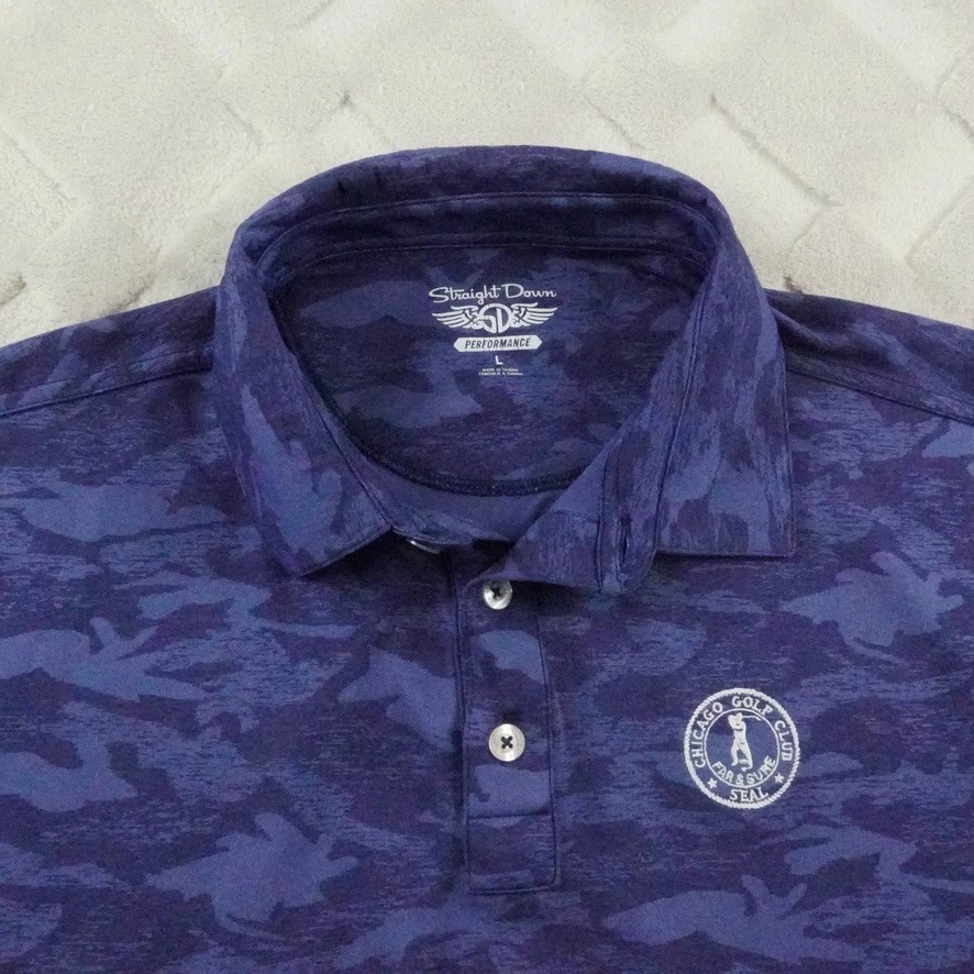 Straight Down Polo Shirt Mens Large Camo Blue Chicago Golf Club Far & Sure Seal