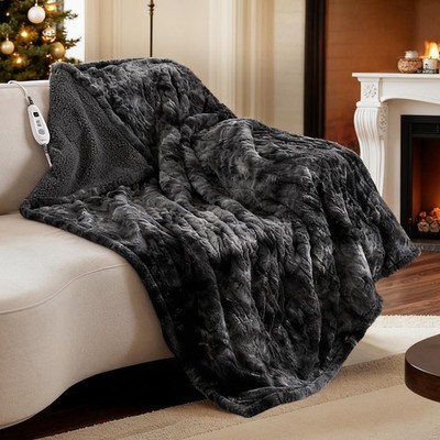 Heated Throw Blanket 50'' x 60'' Throw Warming Blanket Reversible Faux Fur & Sh...