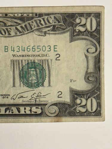 1974 20 Dollar Bill Small Face New York District B43466503E Old Collectable
