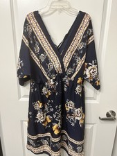 SHEIN 1XL A-Line Floral V-Neck Knee Length Dress Navy Yellow White Half Sleeve