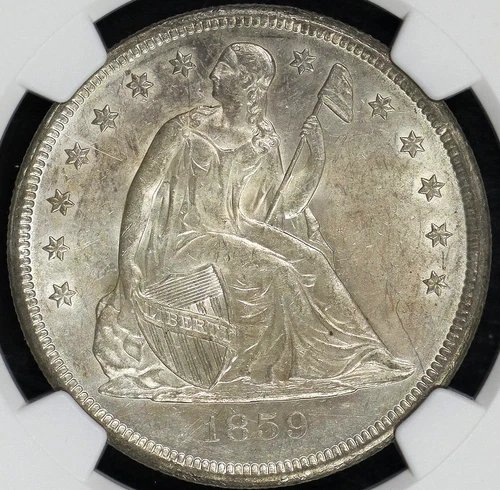 1859 O SEATED LIBERTY "NO MOTTO" DOLLAR NGC MS 61 CRISP AND BRIGHT WHITE FULLY