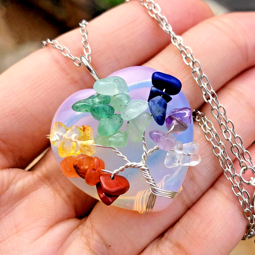 7 Stone Silver Tree of Life Chakra Heart Amulet Pendant Necklace Free Gift Bag - Picture 36 of 70