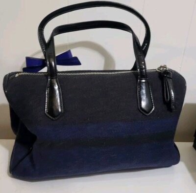 Coach Vintage Patent Leather Two-tone Stripped Wool Satchel Bag