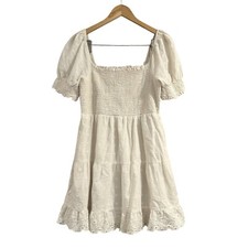 American Eagle Baby Doll Cream Smocked Eyelet Puff Sleeve Tiered Mini Dress M