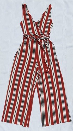 BERSHKA Brick Red Striped Jersey Wide Crop Leg Pants Wrap Jumpsuit US S MINT! - Picture 4 of 7