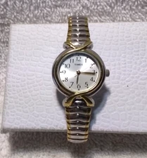 Timex SR 621 SW Cell Quartz Watch Silver Gold Flex Band New Bat Works Great