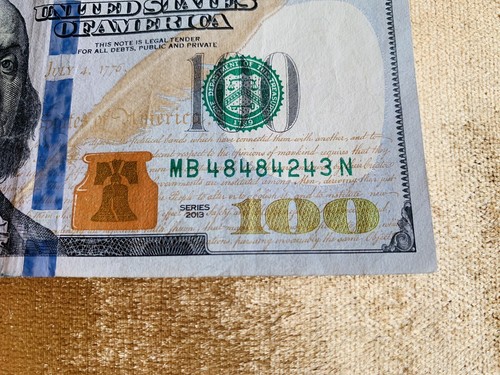 $100 Dollar 2013 fancy Serial Number MB48484243N - Picture 2 of 3