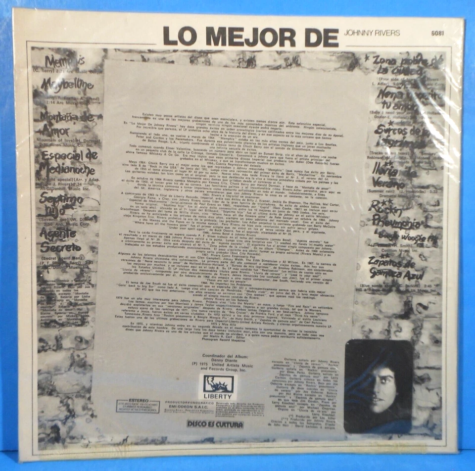 LO MEJOR DE JOHNNY RIVERS VERY BEST OF VINYL LP 1975 ARGENTIA GREAT COND! VG++!! - Image 2 of 4
