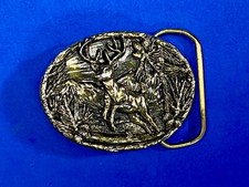 Vintage 1986 Running Buck Doe Or Deer In Nature With Large Antlers Belt Buckle