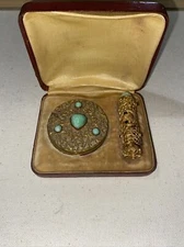 ANTIQUE BRASS CZECH FILIGREE POWDER COMPACT, LIPSTICK SET W JEWELS GLASS CABS