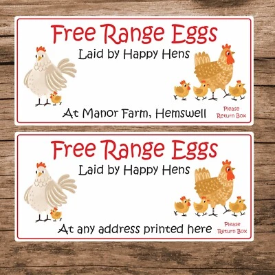 WEBSTICKERS LTD 34 Personalised FREE RANGE EGGS Laid by Happy Hens/ egg box stickers Return Box