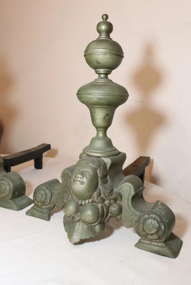par de 2 andirrones antiguos ornamentados victorianos desnudos dama latón hierro fundido chimenea Foto 4 de 4