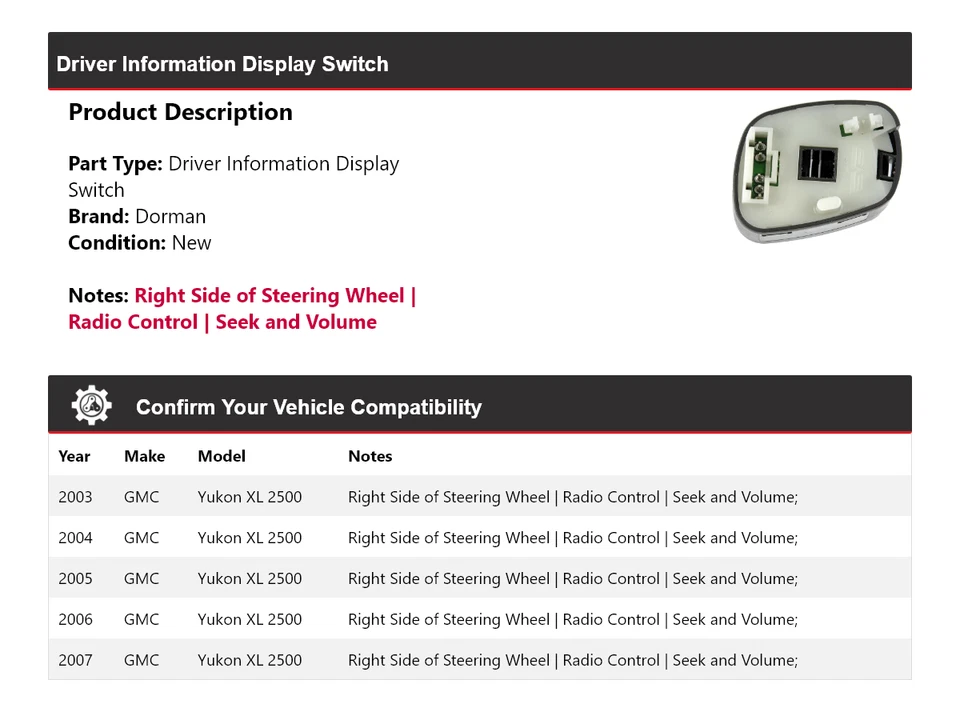 For 2003-2007 GMC Yukon XL 2500 Dorman Driver Information Display Switch 2004 - Image 2 of 4