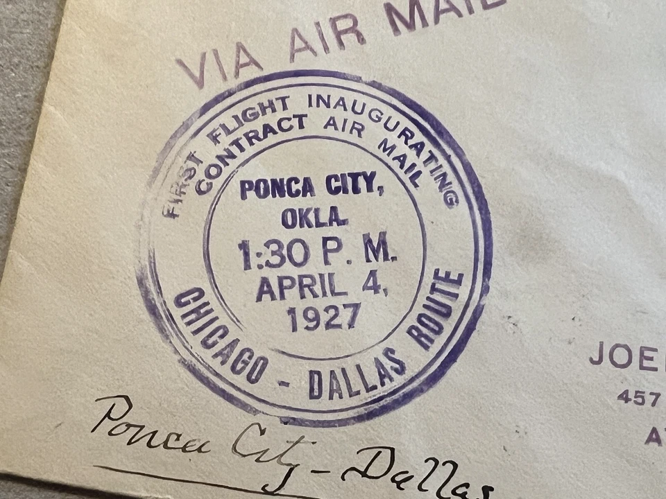 PONCA CITY OKLAHOMA 1927 CUBIERTA PRIMER VUELO CACHÉ, SELLO CON C V DEB EN PESTAÑA Foto 3 de 4