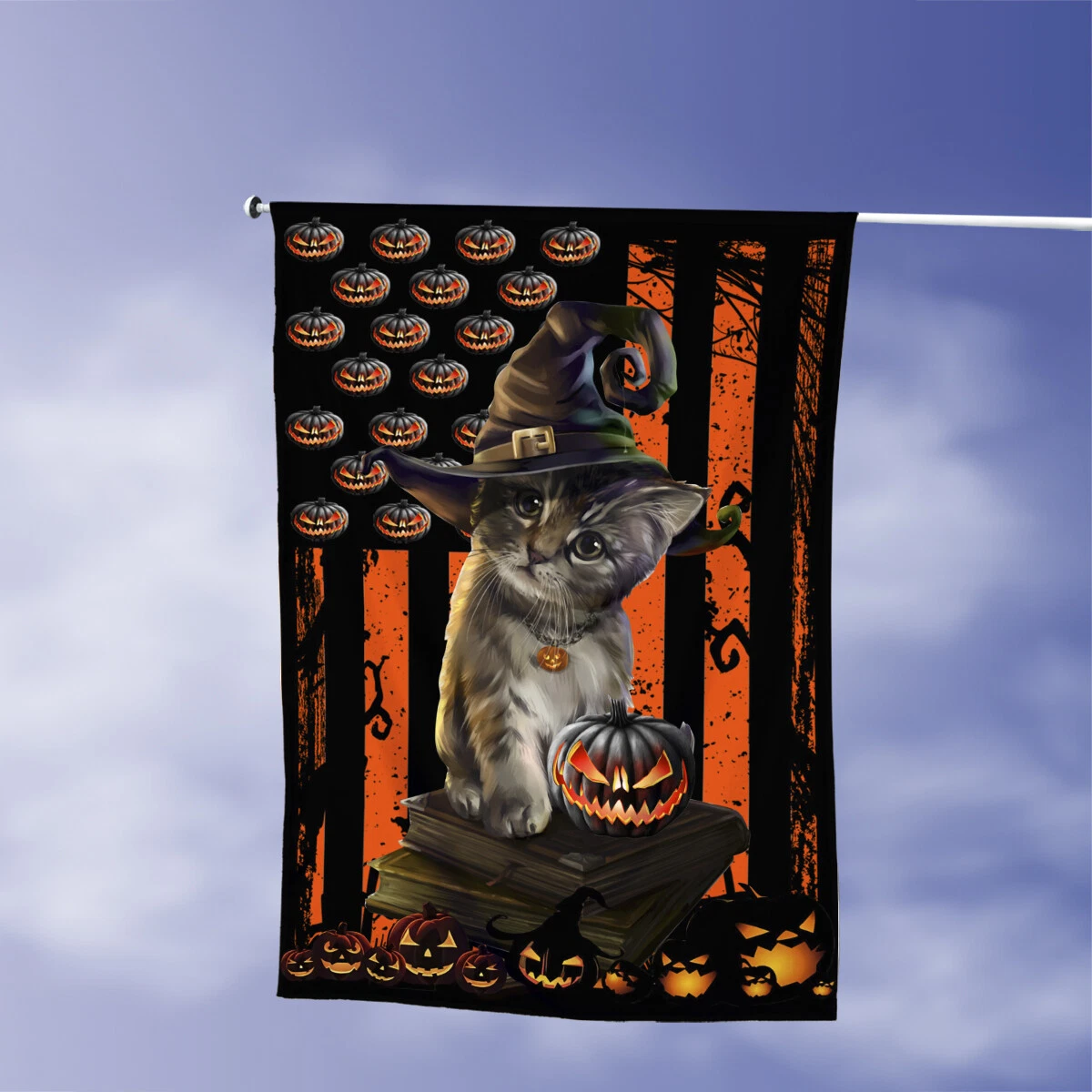 Cat Happy Halloween Flag, Cat Pumpkin Flag, Cat Witch Flag