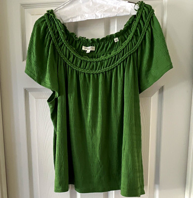 Max Studio London Plus 3X Green Solid Scoop Neck Braided Short Sleeve Blouse