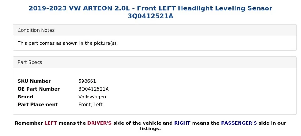 VW ARTEON 2019-2023 2,0 L - Sensor de nivelación de faros delanteros izquierdo 3Q0412521A Foto 3 de 4