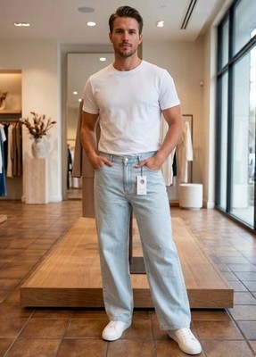 Mens Jeans Trousers Baggy Skater Wide Leg Regular Denim Designer Straight Leg