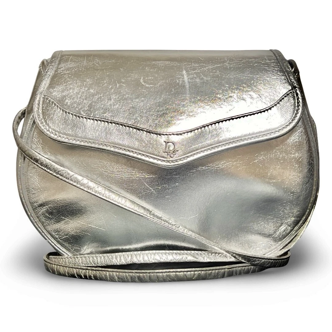 Pochette sac bandoulière Christian Dior cuir argenté métallisé