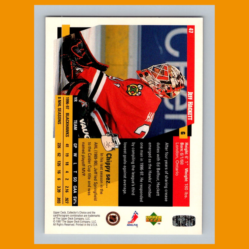 Tarjeta de hockey Jeff Hackett #47 1997-98 Collectors Choice Chicago Blackhawks NHL - Imagen 2 de 3