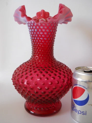 Fenton Cranberry Opalescent Hobnail LARGE Glass Double Crimped Vase 10 3/4" Tall