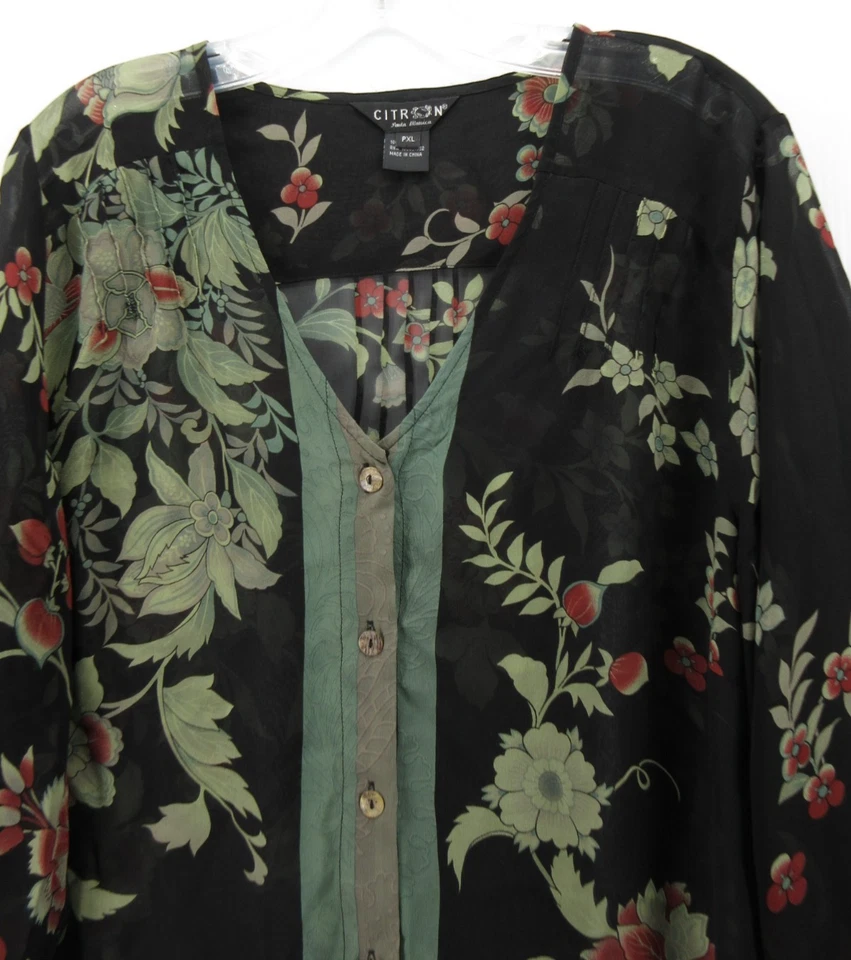 Женская блуза Citron Santa Monica размер XL миниатюрная черная шелковая с цветочным рисунком прозрачная вычурная - Изображение 2 из 4