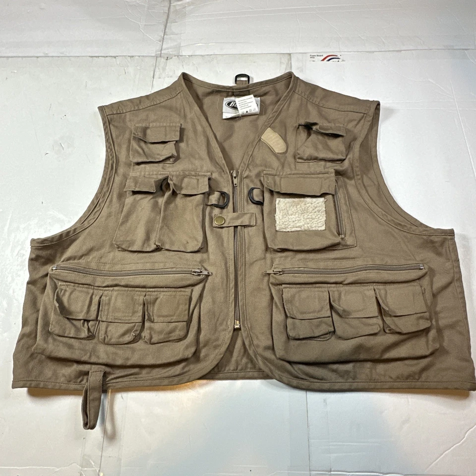 Vintage Berkley Fliegenfischen Weste Fotografie hellbraun beige Taschen Reißverschluss Gr. L #2490