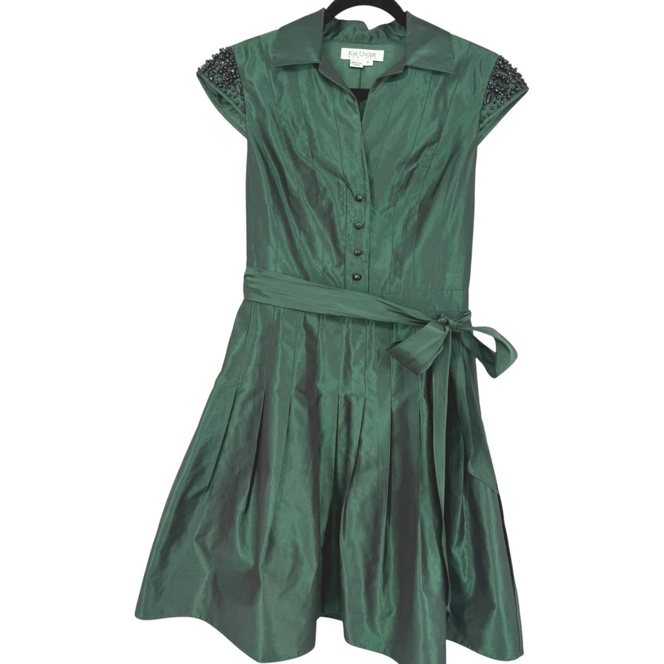 Vestido de cóctel Kay Unger vintage de seda con cuentas verde esmeralda talla 8 femenino Foto 4 de 4