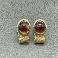 Vintage Swank Cufflinks Mens Gold Tone Mesh Brown Cat's Eye Cabochon Stone Retro