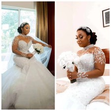 Lace Appliques Wedding Dresses Beaded Sheer Long Sleeves Mermaid Bridal Gowns
