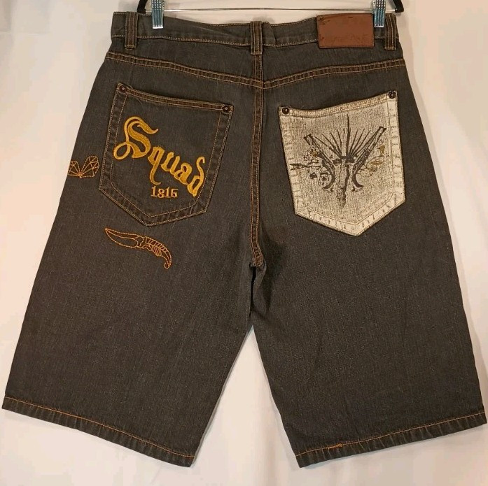 Artful Dodger Seven Dials Denim Shorts Sz 36 Embroidered Streetwear Y2K Baggy